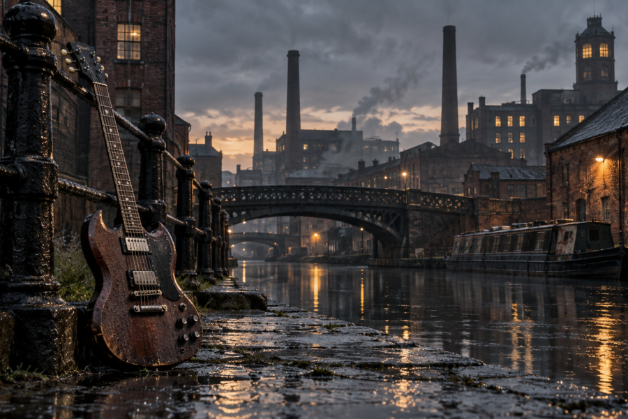 Guitarra eléctrica junto a un canal industrial de Birmingham al atardecer