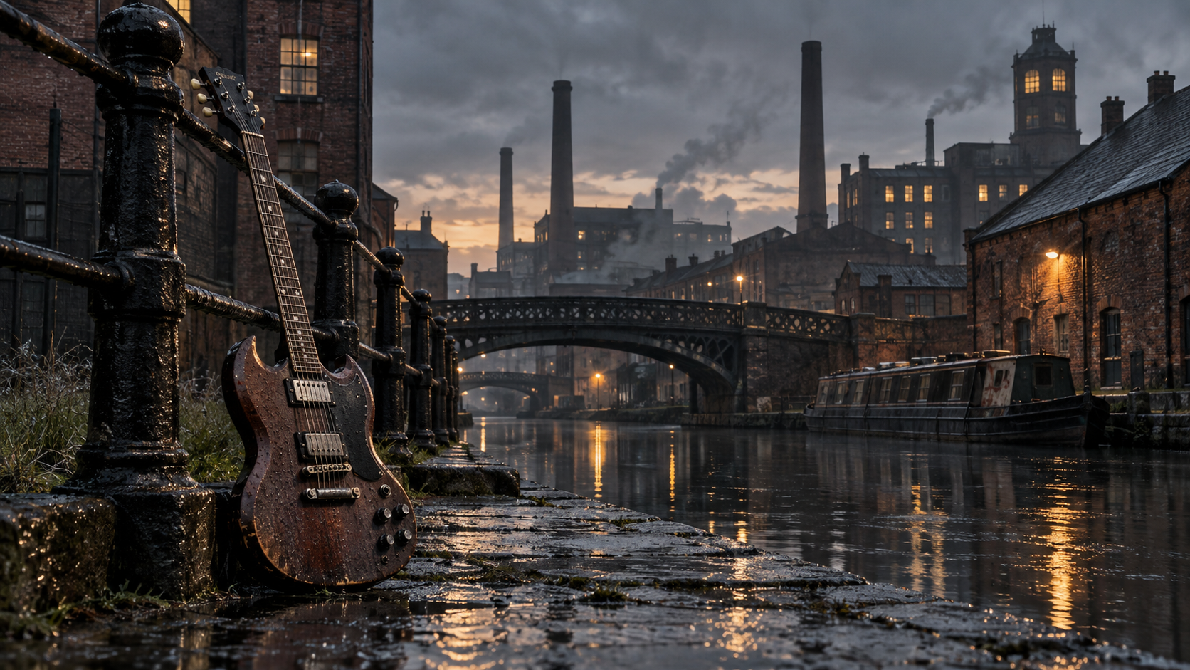Guitarra eléctrica junto a un canal industrial de Birmingham al atardecer